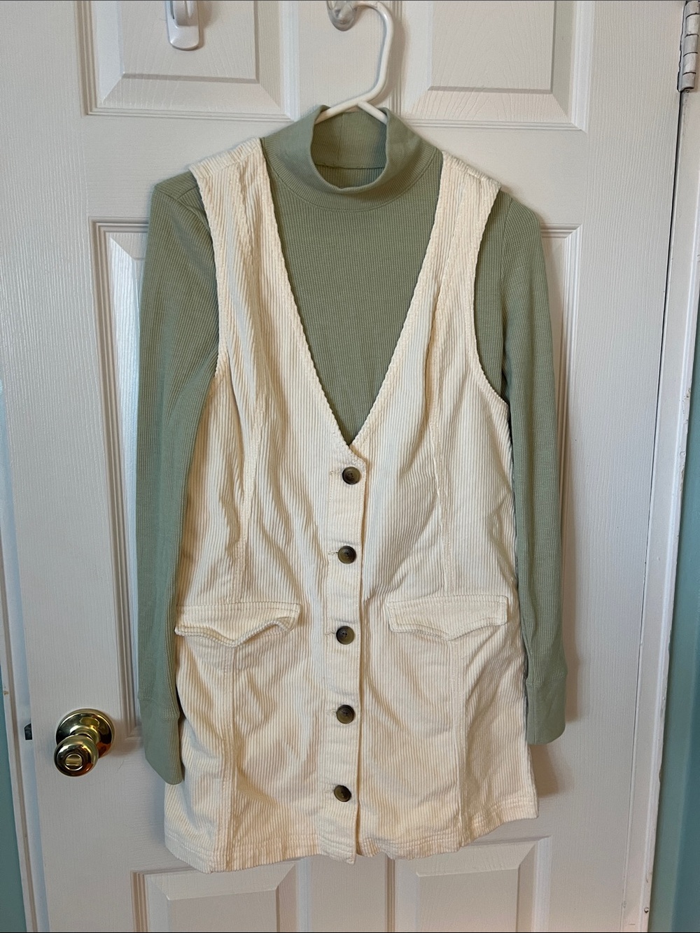 American Eagle Outfitters Cream Corduroy Button-Front Pinafore Dress